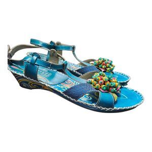 L'Artiste Blue Floral Beaded Sandals Womens Size 10